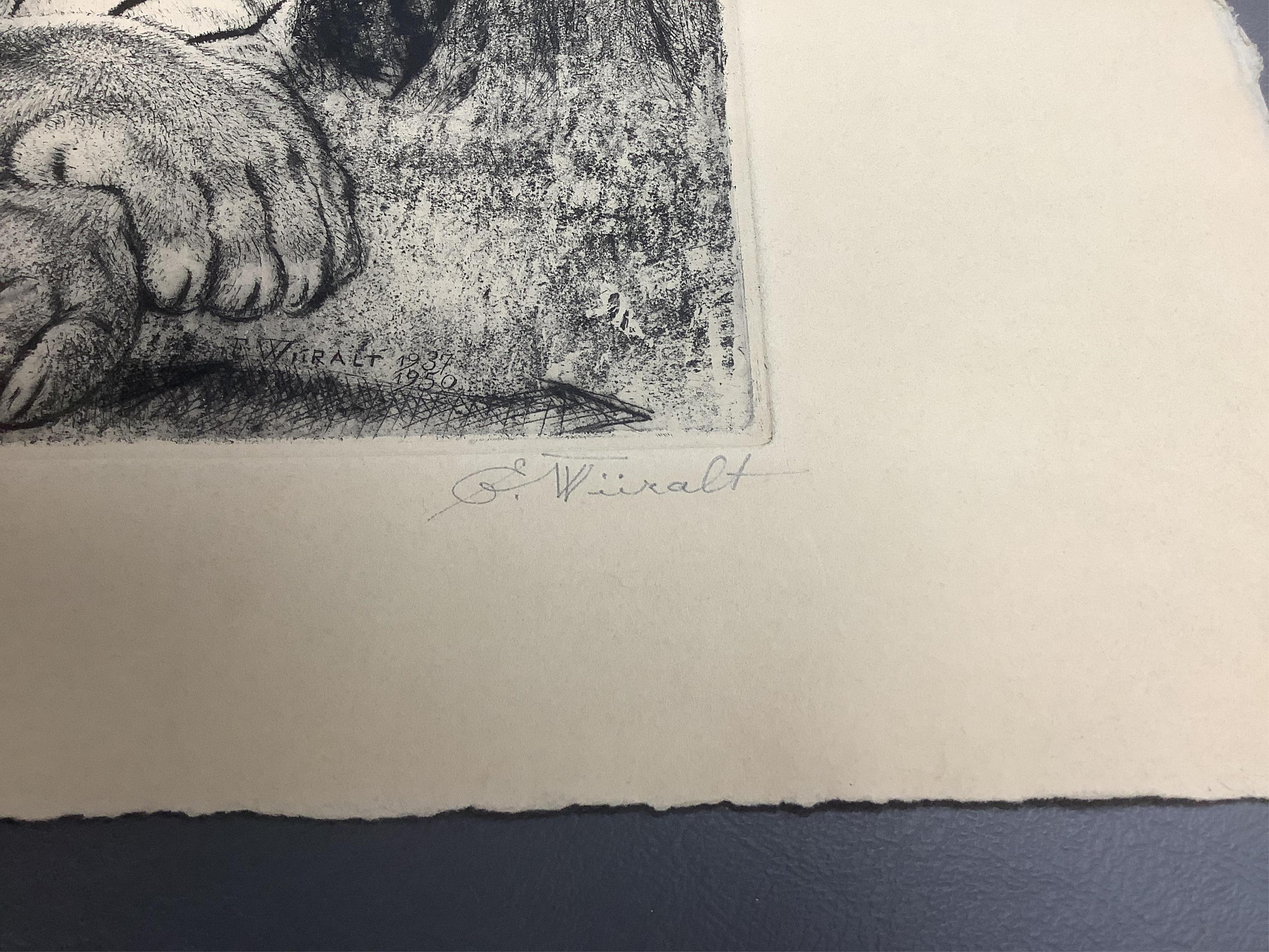 A folio of etchings, a lithograph and four black and white photographs to include Edmund Wiiralt, tiger, signed and numbered in pencil and Johnn Friedlaender, Fre Sol Bleu, unframed, largest 65 x 50cm
